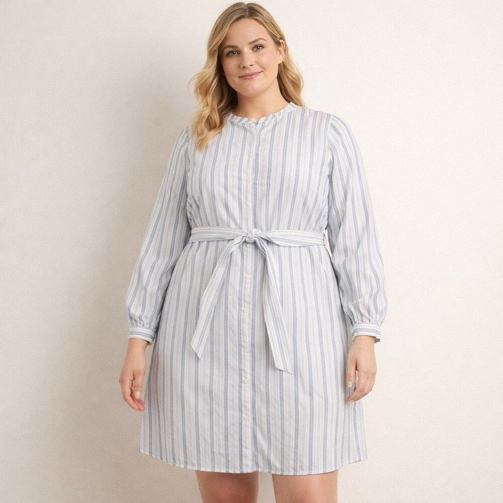Tommy Hilfiger Striped Cotton Shirt Dress XL Midi Blue White Tie Waist Pockets